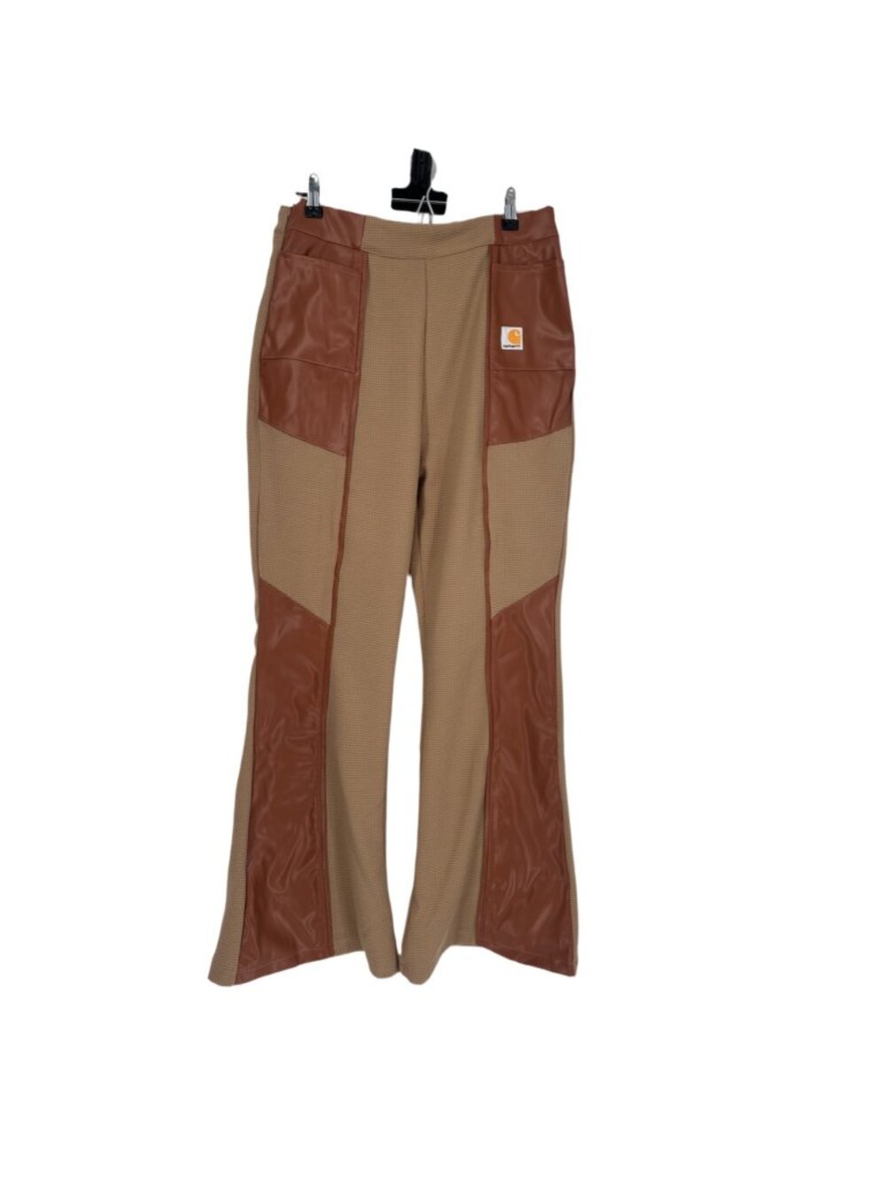 Beige Caramel Patchwork Flare Pants Medium Contrast Faux Leather Y2K Streetwear - Picture 2 of 6
